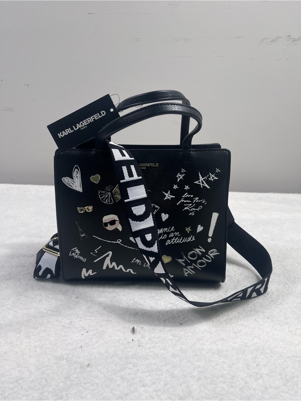 Karl Lagerfeld Black Graffiti-Print Satchel with Branded Strap